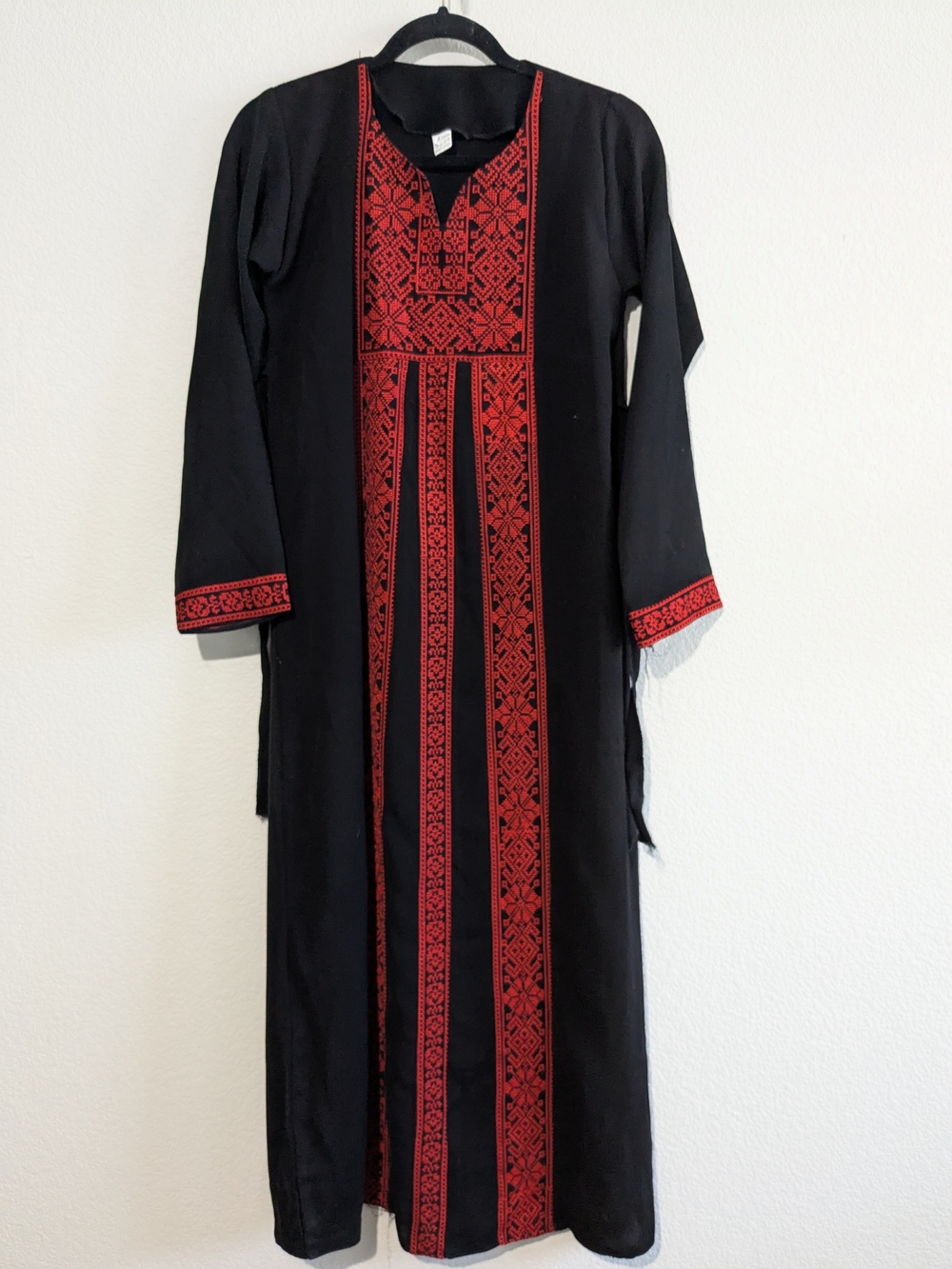 Vintage Embroidered Long Dress Black Red Geometric Design Bib Belted House 8